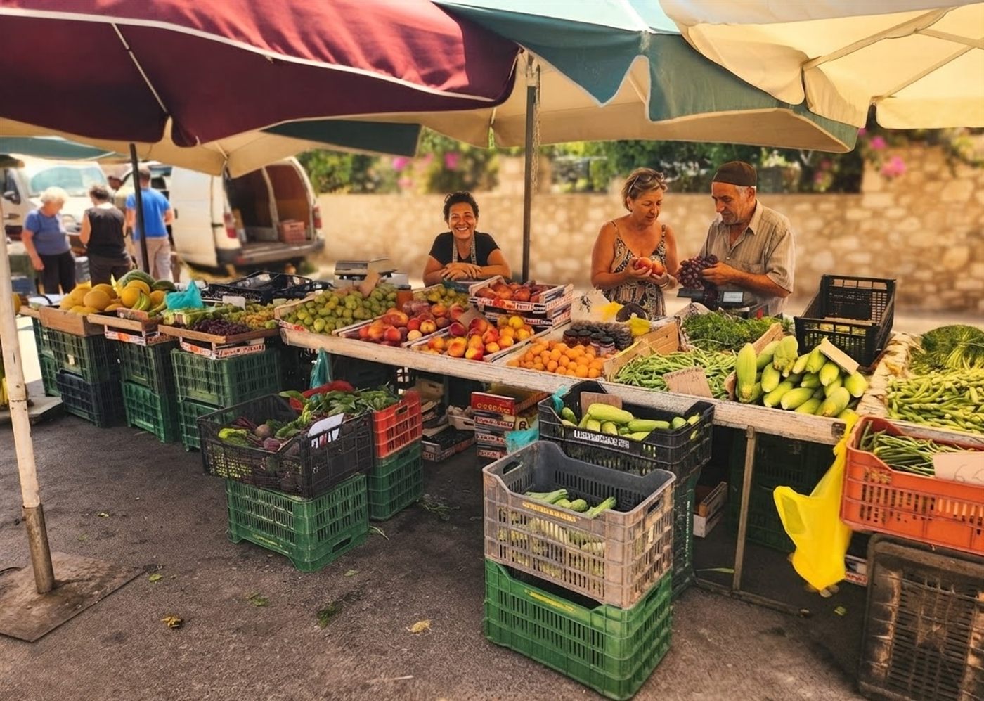 Étal de fruits et légumes du marché ambulant de Chania, avec vendeurs et clients