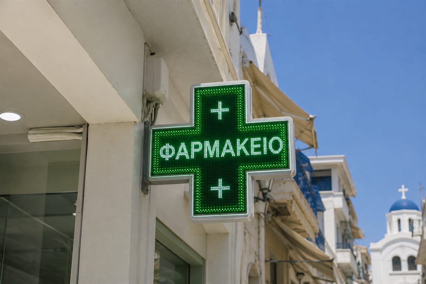 Enseigne lumineuse de pharmacie (croix verte « ΦΑΡΜΑΚΕΙΟ ») à Chania